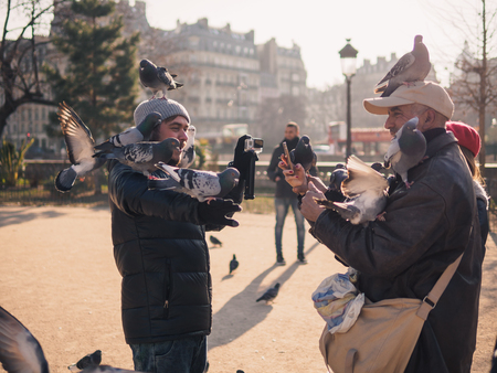 PARIS, FRANCE - JANUARY 20, 2017: Tourists feeding pigeons in the square in front of the cathedral of Notre Dame. Paris, France.のeditorial素材