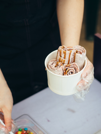 Fried ice cream roll. cooking open kitchen.の写真素材