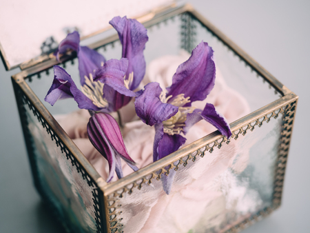 Wedding glass box with flowers. macro close up.の写真素材
