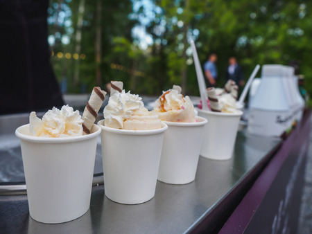 Thailand stir-fried ice cream rolls at freeze pan. Organic natural rolled ice cream hand made dessert.の写真素材