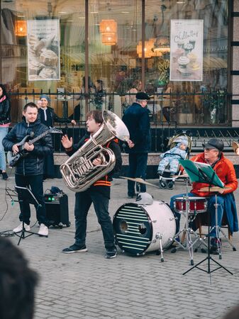KAZAN, RUSSIA - APRIL 21, 2019. Band musicians in the center of city on Bauman street.のeditorial素材