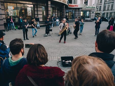 KAZAN, RUSSIA - APRIL 21, 2019. Band musicians in the center of city on Bauman street.のeditorial素材