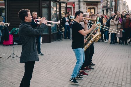 KAZAN, RUSSIA - APRIL 21, 2019. Band musicians in the center of city on Bauman street.のeditorial素材