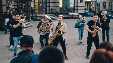 KAZAN, RUSSIA - APRIL 21, 2019. Band musicians in the center of city on Bauman street.のeditorial素材