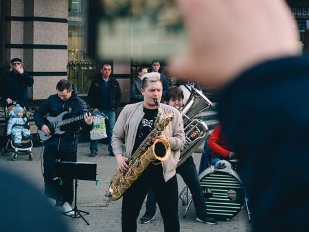 KAZAN, RUSSIA - APRIL 21, 2019. Band musicians in the center of city on Bauman street.のeditorial素材