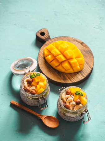 Chia seed pudding in jar with coconut milk, mango and nuts.の写真素材