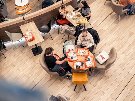 KAZAN, RUSSIA - MAY 5, 2019. MEGA mall shopping center. People in the Delicious Boulevard - food court.のeditorial素材