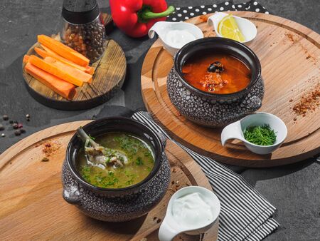 Two soups on boards: solyanka and chicken soup.の写真素材