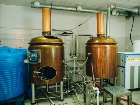 Brewery alcohol factory production. Modern containers technology.