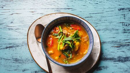 Mexican soup with corn chili pepper and meat.の写真素材