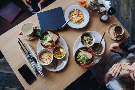 Combo dinner in cafe. Pasta, soup, salad.の写真素材