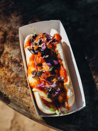 Hot dogs with bbq sausages sauce buns greens. Street food.