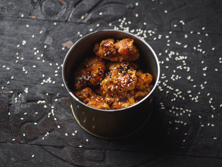 Breaded chicken meat pieces in metal can on black wood.の写真素材