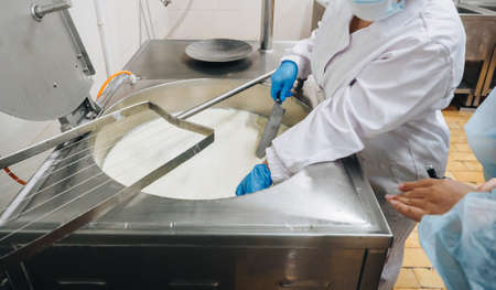 Making of cheese. Industry traditional production. hands.の写真素材