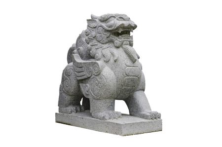 Chinese Stone Lion sculpture isolated on white with clipping pathの写真素材