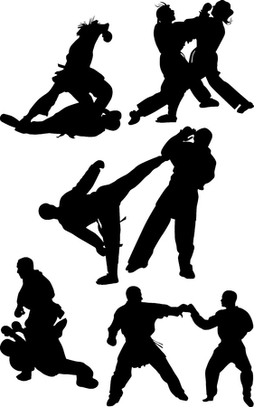 karate competition in different poses silhouette vectorのイラスト素材