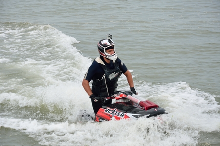 St LAWRENCE BAY ESSEX UK  17 May 2014 male jet skier in wet suitのeditorial素材