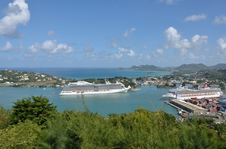 CASTRIES ST LUCIA CARIBBEAN 19  January  2015:  Large Cruise Ship coming  into  harbour of castries St Luciaのeditorial素材