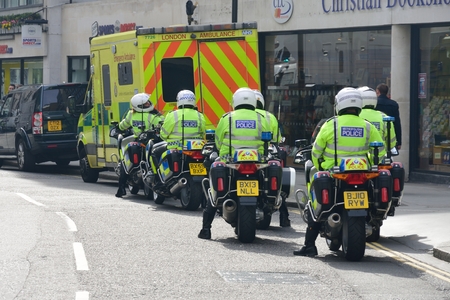 CITY OF LONDON ENGLAND 13 March 2015: Police Motorcyclists from behindのeditorial素材