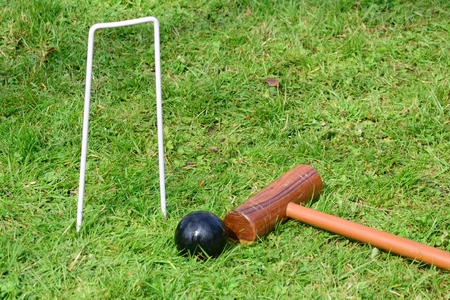 Croquet equipment on groundの写真素材