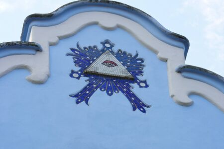 Evil eye detail from blue church Bratislava Slovakiaの写真素材
