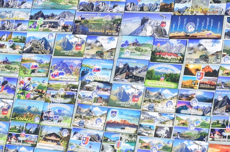 TATRA MOUNTAINS LOMNICA  SLOVAKIA  28 AUGUST  2015: Large group of fridge magnetsのeditorial素材