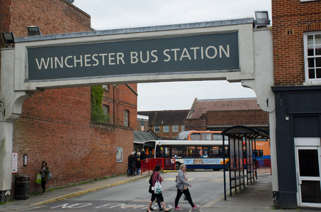 Winchester  United Kingdom -21 April 2017: Bus station sign above Winchester Bus Stationのeditorial素材