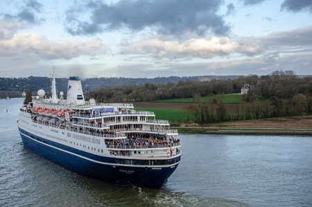 Rouen France 5 April 2018: Cruise ship Marco Polo cruising in River Seineのeditorial素材