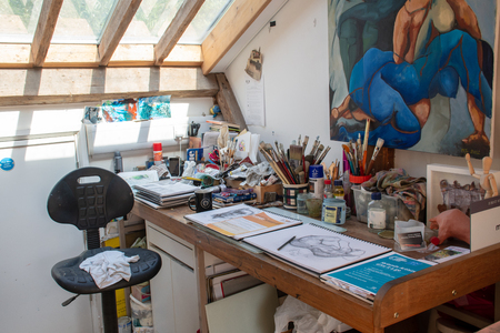 Chelmsford Essex UK  -2 September 2018: Artists attic with painting equipmentのeditorial素材