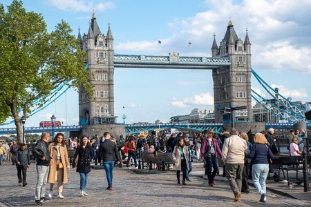 London United Kingdom  -12 May 2019: Large group of Tourists near Tower Bridge