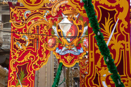 Valleta Malta 9 February 2020: Bright banners in street of valetta part of part of the Feast of St...