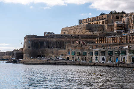 Valleta Malta- 8 February 2020:  Ancient Harbour of Valetta with Upper Barakka Gardens in backgroundのeditorial素材