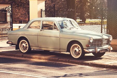 Warsaw, Poland - March 05, 2017: Volvo Amazon coupe parked on the city street near the road; Retro car manufactured in 60th years. Vintage filter effectのeditorial素材