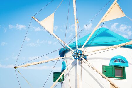 Traditional Greek white windmillの写真素材