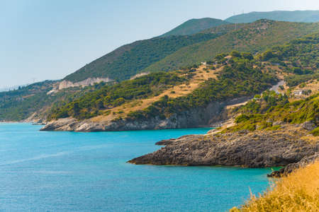 Azure bay with sulfur sources on Zakynthos island, Greece. Summertime vacation seascapeのeditorial素材