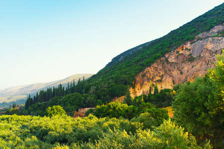 Panoramic view to the hillside of the mountain. Rocky cliffの写真素材