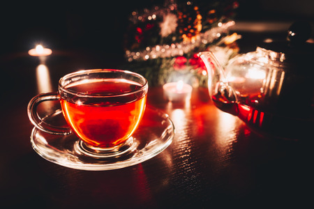 Christmas tea time in the evening. Holiday backgroundの写真素材