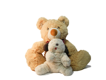 White puppy doll playing with teddy bearの写真素材