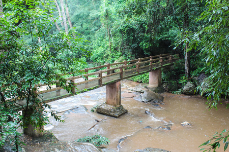 Bridge over the waterfall On a rainy day amid lush greenery.