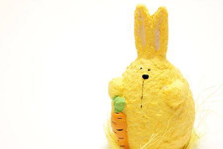 Stuffed bunny with carrot over white backgroundの写真素材