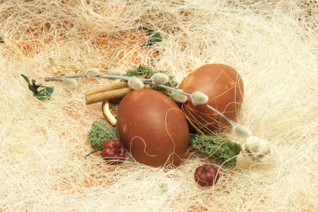 Happy Easter design with eggs in a nestの写真素材