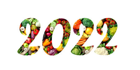 2022 made of fresh vegetables, isolated on a white background. New year concept.の写真素材