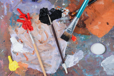 Paint brush on wood used artistic paletteの写真素材