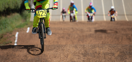 BMX riders competing in the child classの写真素材