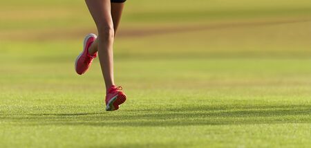 Runner athlete feet running on grass. Female fitness sunlight jogging workout. Sport athlete active lifestyle concept. Athletic pair of legs running on grass during sunset city parkの写真素材