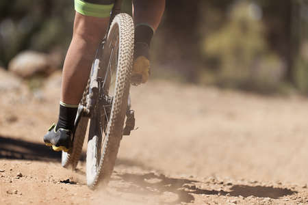 Mountain biker riding on bike singletrack trail, back view of mountain biker. Mountain bike raceの写真素材