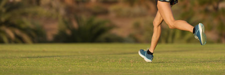 Runner athlete feet running on grass. Female fitness sunlight jogging workout. Sport athlete active lifestyle concept. Athletic pair of legs running on grass during sunset city parkの写真素材