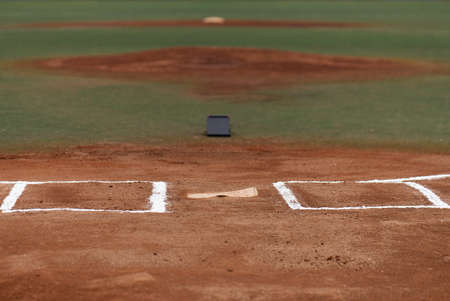 Shot of an empty baseball field, with the batters box and home plate