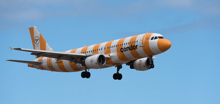 Tenerife, Spain April 21st, 2023. Condor Airlines Airbus A321 Landing in Tenerife International...