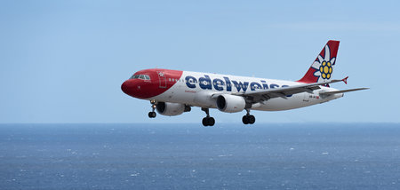 Tenerife, Spain July 27 st, 2023. Edelweiss Air Airbus a320 Landing in Tenerife International...